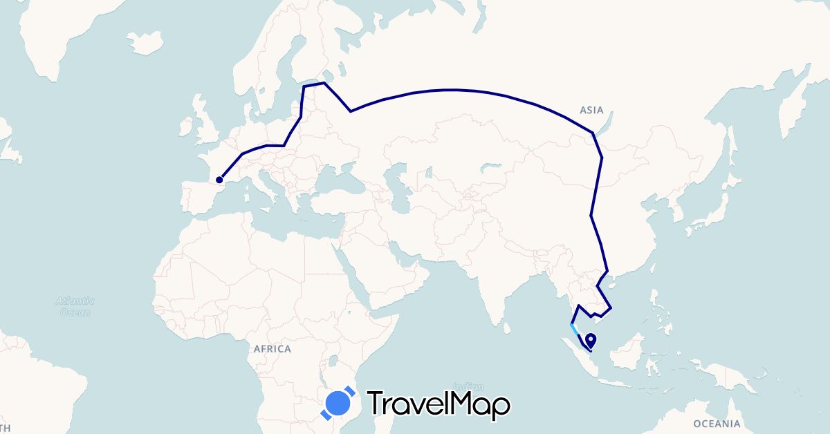 TravelMap itinerary: driving, boat in China, Czech Republic, Germany, Estonia, France, Cambodia, Lithuania, Latvia, Mongolia, Malaysia, Poland, Russia, Singapore, Thailand, Vietnam (Asia, Europe)